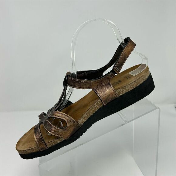 Naot Women's Gold Leather Slingback Wedge Sandal Size 11 Strappy Casual Summer - Picture 3 of 11